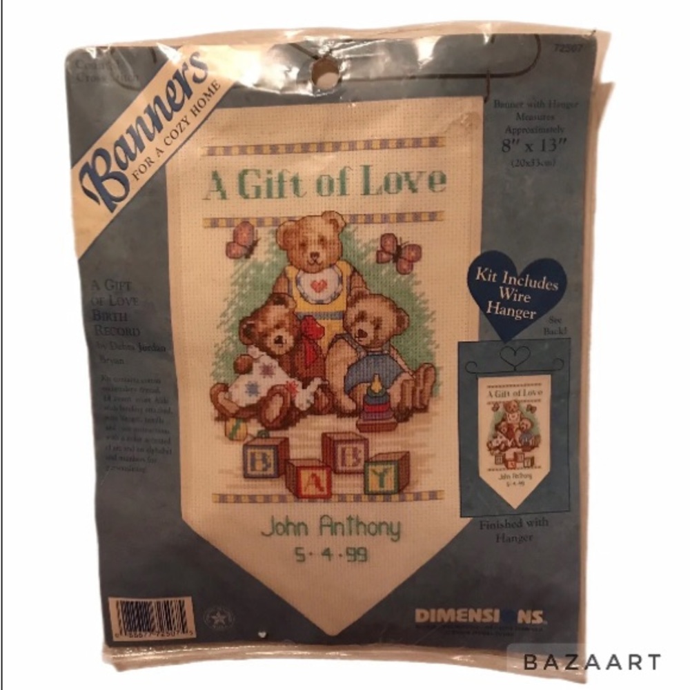 BANNERS CROSS STITCH KIT  BIRTH RECORD WALL HANGING w/wire hanger VINTAGE